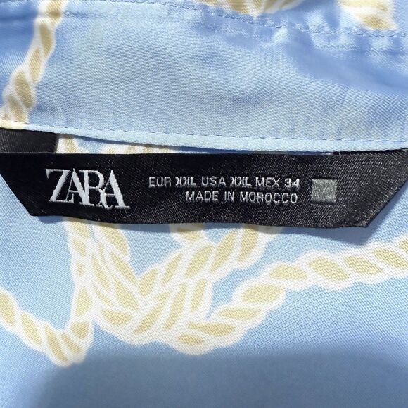 ZARA Blue Rope Print Satin Button Up Shirt XXL Long Sleeve Blouse Top - Picture 4 of 10